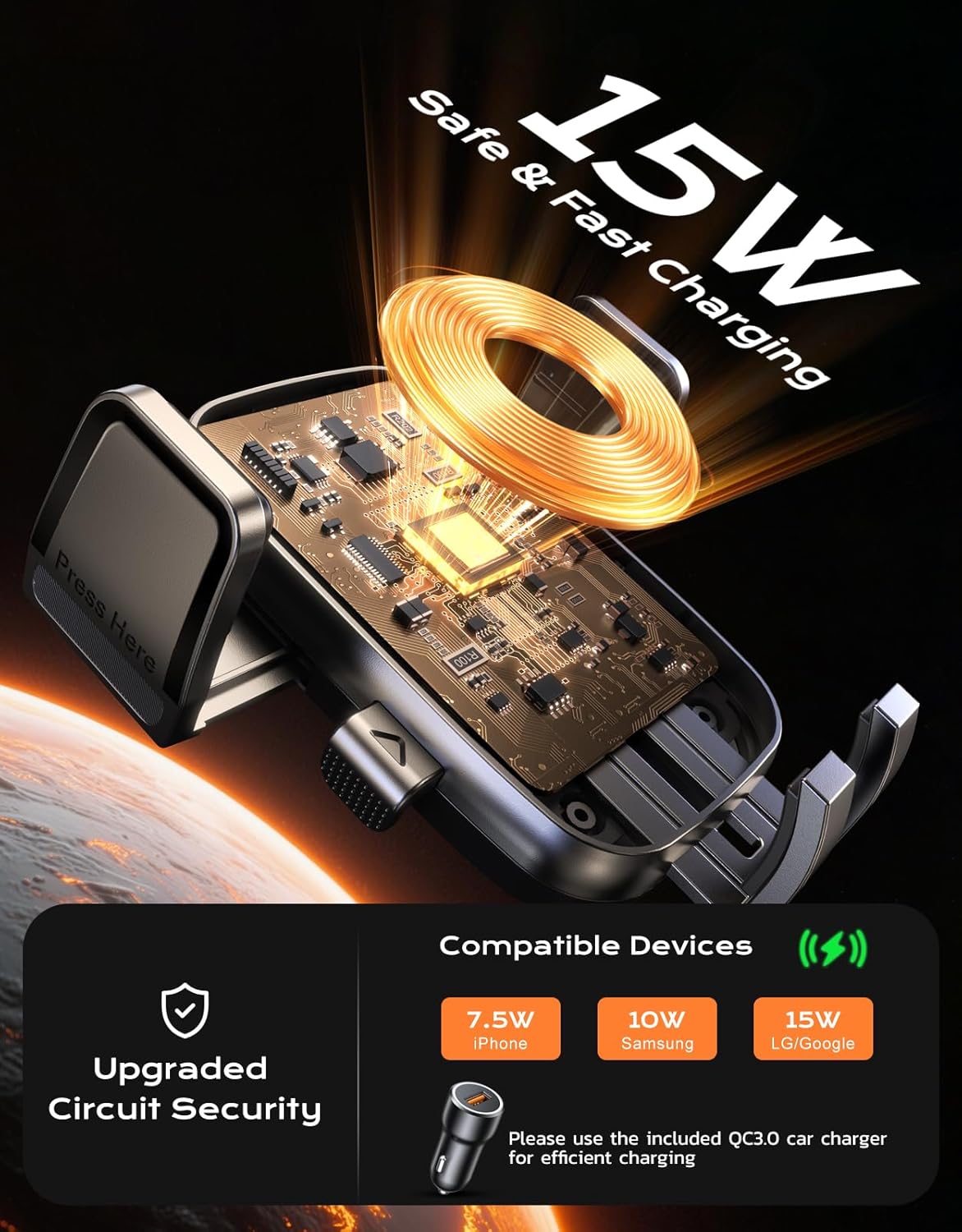 Wireless Car Charger, [15W Fast Charging] Car Phone Mount with Upgrade Suction, Car Phone Holder Charger for Dashboard Windshield Compatible with iPhone 17/16/15 Pro Max, Galaxy S25/S24 Ultra