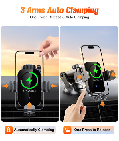 Wireless Car Charger Mount Auto Clamping, 15W Fast Charging Car Phone Holder Charger for Dash Windshield Vent for iPhone 17 16 15 14 13 12 Pro Max, Samsung Galaxy S25 S24+ S23 Ultra S22 S21+
