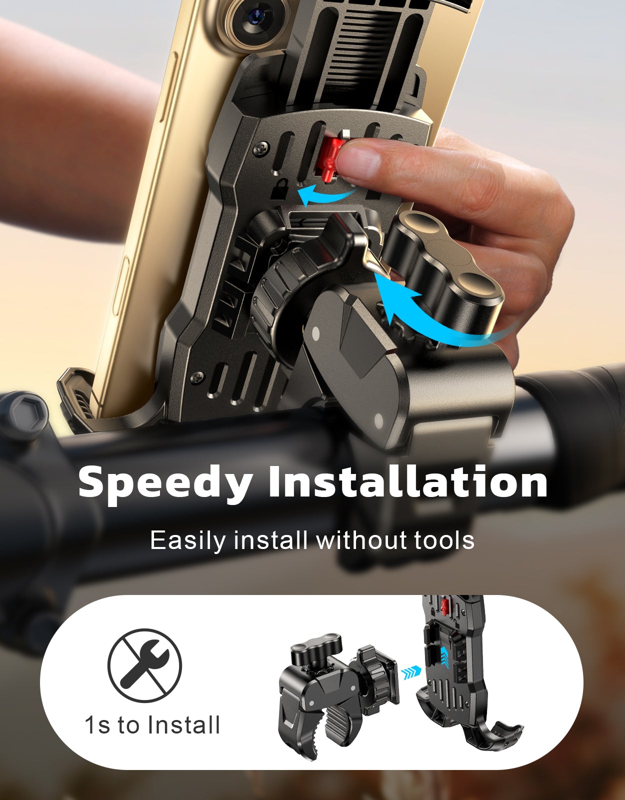 Motorcycle Phone Mount, [One-Click Lock] Bike Phone Holder, [Upgrade Cushioned Protection] Handlebar Phone Mount with Security Lock Compatible with iPhone, Samsung and 4.7-6.9'' Smartphones