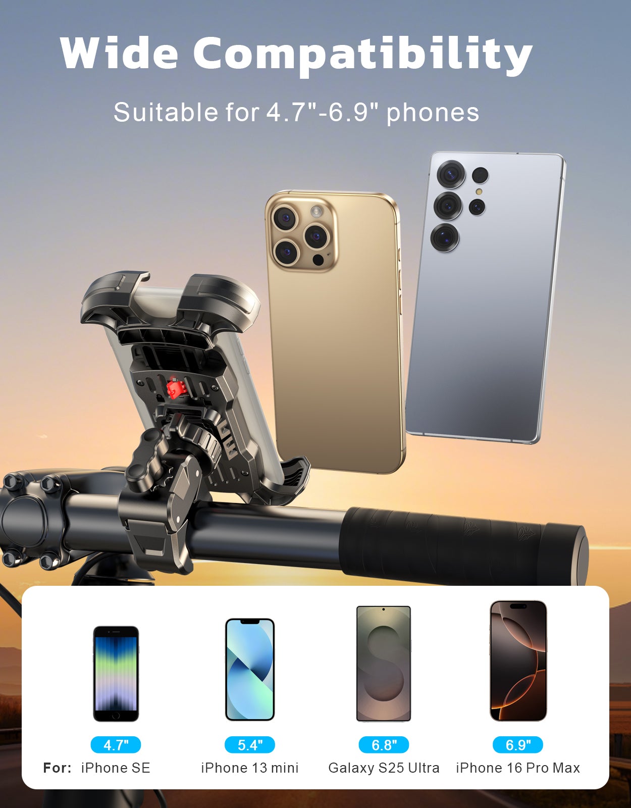 Motorcycle Phone Mount, [One-Click Lock] Bike Phone Holder, [Upgrade Cushioned Protection] Handlebar Phone Mount with Security Lock Compatible with iPhone, Samsung and 4.7-6.9'' Smartphones