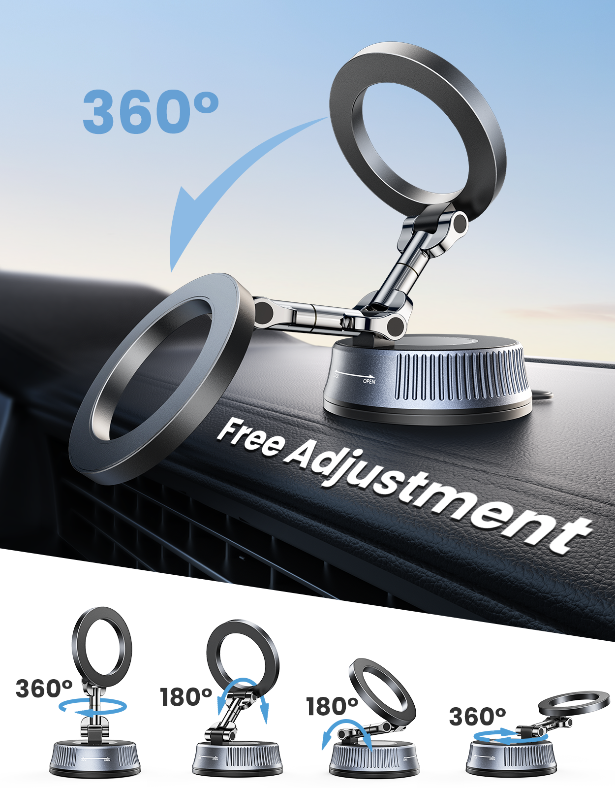 Magnetic Car Phone Holder with Suction Cup, [90LBS Vacuum Suction & 2800GF Strong Magnetic] Phone Holders for Your Car, 360° Adjustable Car Phone Mount for MagSafe, iPhone 17 16 15, Android
